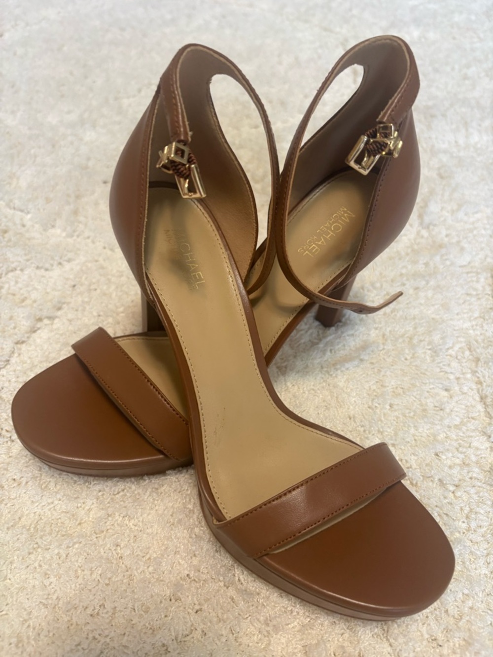 Michael Kors Tan Brown Leather Open-Toe Ankle-Strap Heels